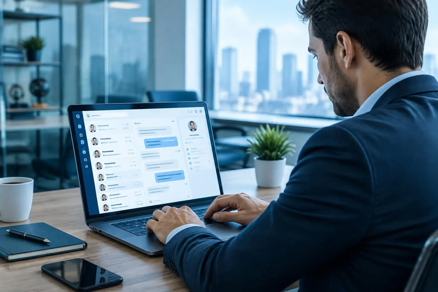 Vendedor usando IA para prospecção de clientes no notebook, com lista de leads e mensagens personalizadas na tela
